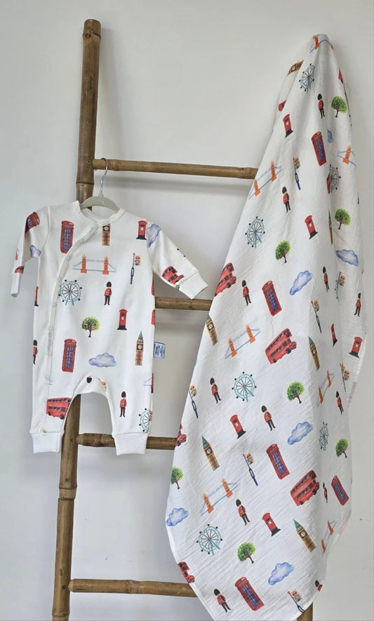 London Adventures Organic Cotton Baby Sleepsuit