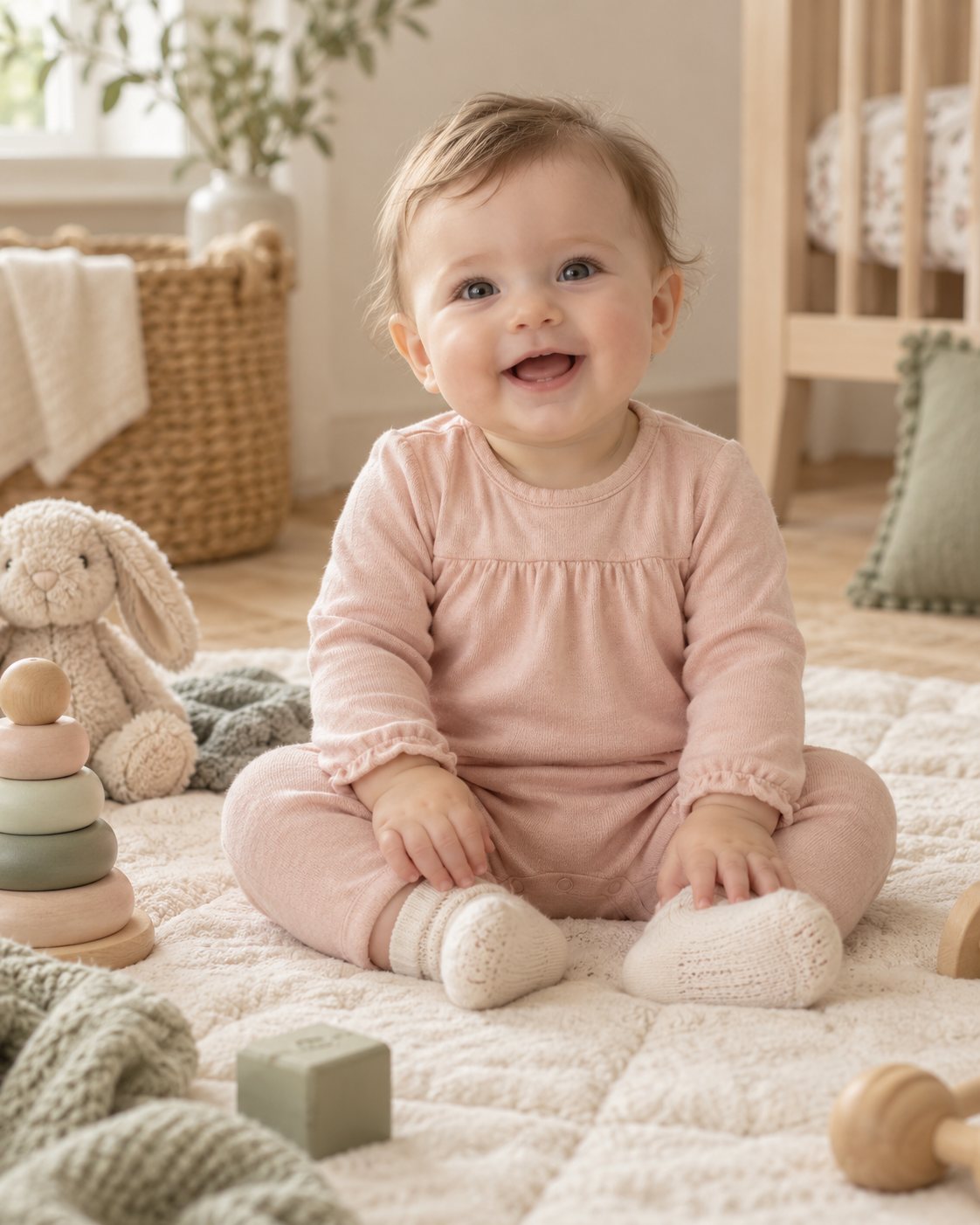 AI-generated editorial scene of a smiling baby in a blush romper