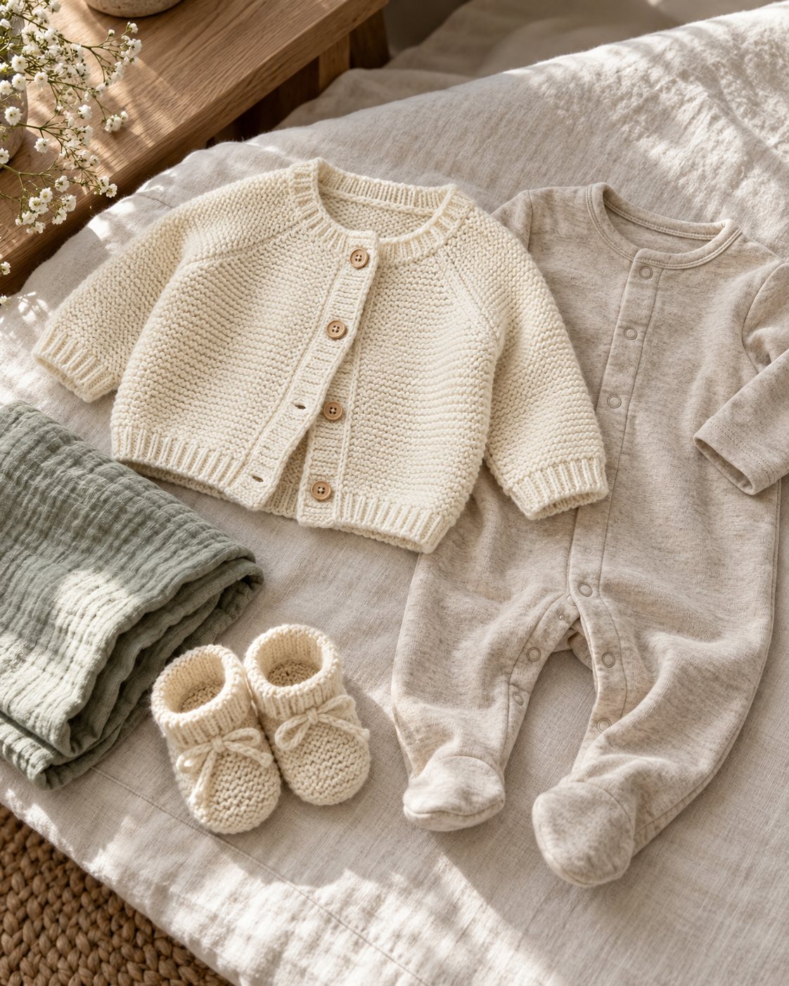 AI-generated editorial still life of ivory babywear and tiny knitted booties