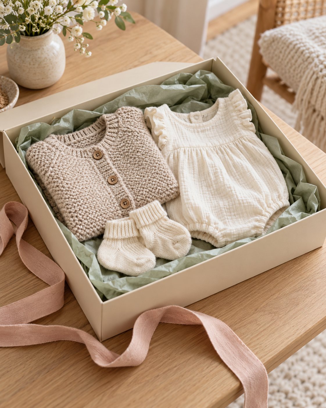 AI-generated editorial arrangement of baby clothes in an unbranded gift box