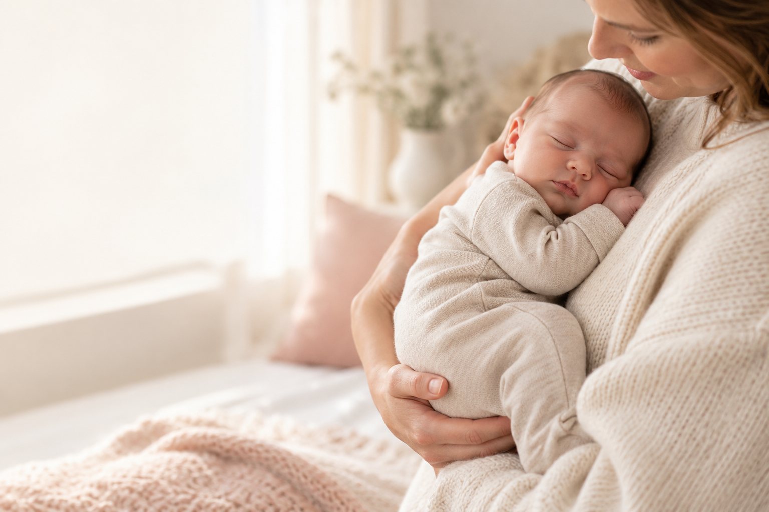 AI-generated editorial scene of a parent gently holding a newborn in an oatmeal sleepsuit