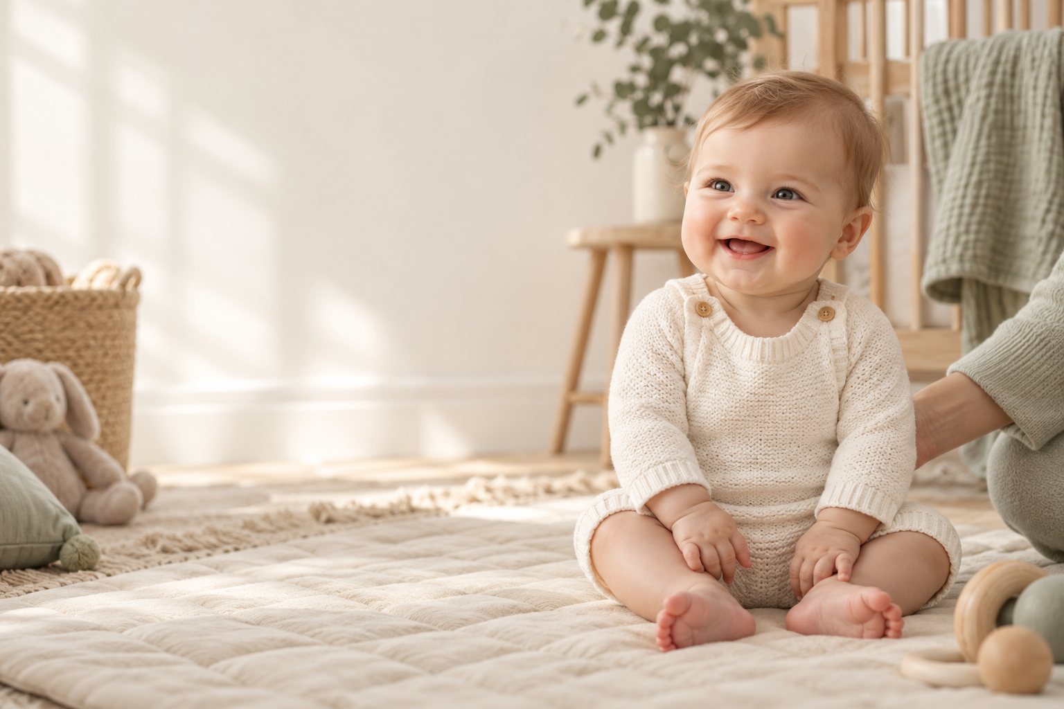 AI-generated editorial scene of a smiling baby in an ivory knitted romper