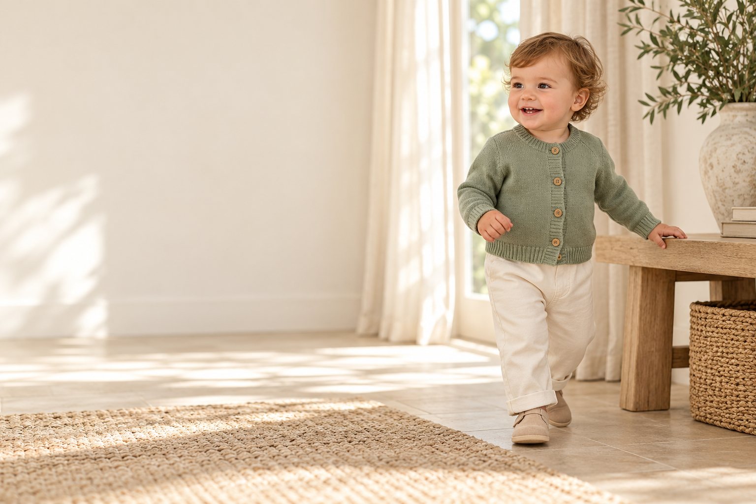 AI-generated editorial scene of a toddler in a sage cardigan taking a little step